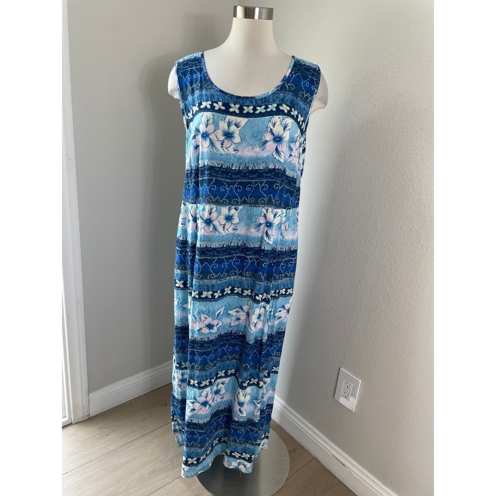 Vintage Jams World Womens Large Blubiscus Floral Maxi Dress Blue‎ White Hawaii